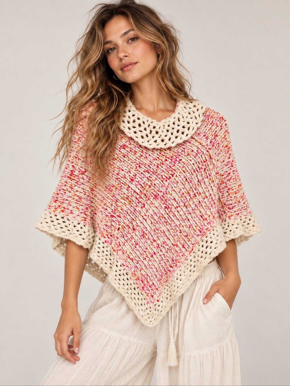 Boho Cream Pink Orange Knit Poncho Sweater Cowl Neck XS S